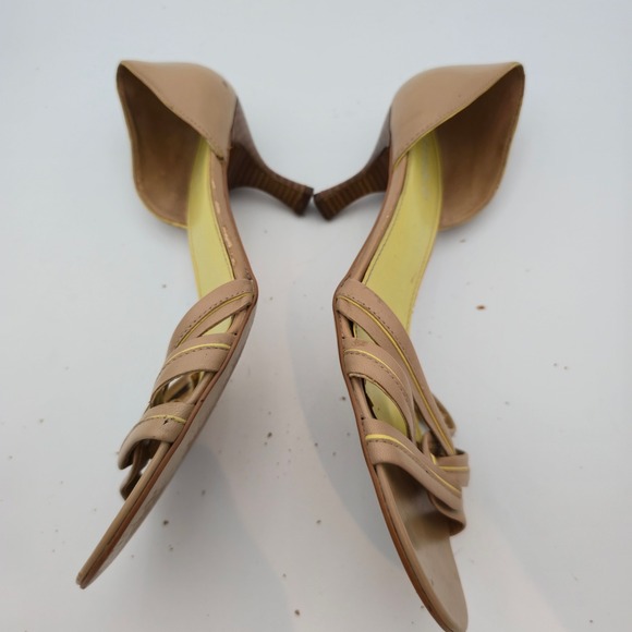 Michelle D Women Size 8 wooden Heels Sandals Strappy Tan yellow Leather peep toe - Picture 12 of 16